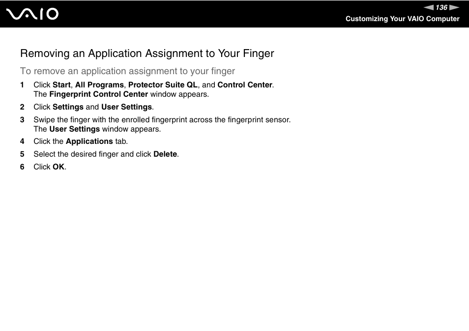 Removing an application assignment to your finger | Sony VGN-SZ440 User Manual | Page 136 / 239