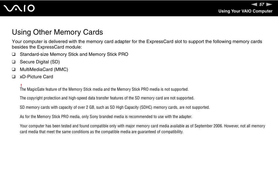 Using other memory cards | Sony VGN-SZ440 User Manual | Page 57 / 239
