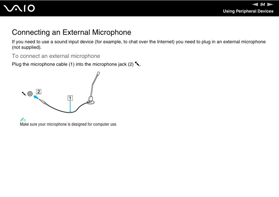 Connecting an external microphone | Sony VGN-SZ440 User Manual | Page 94 / 239