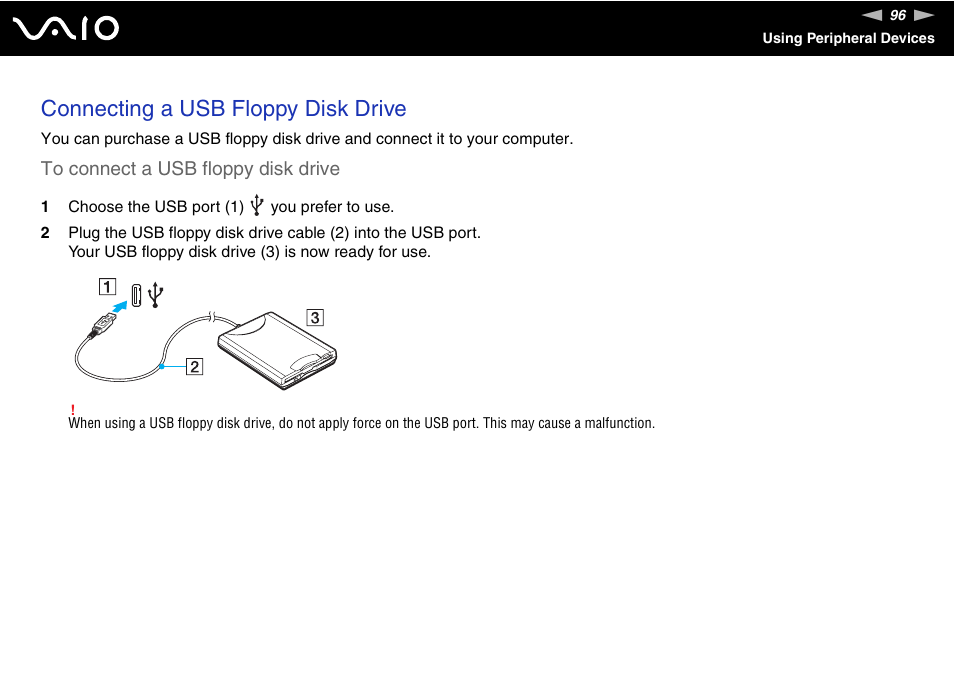 Connecting a usb floppy disk drive | Sony VGN-SZ440 User Manual | Page 96 / 239