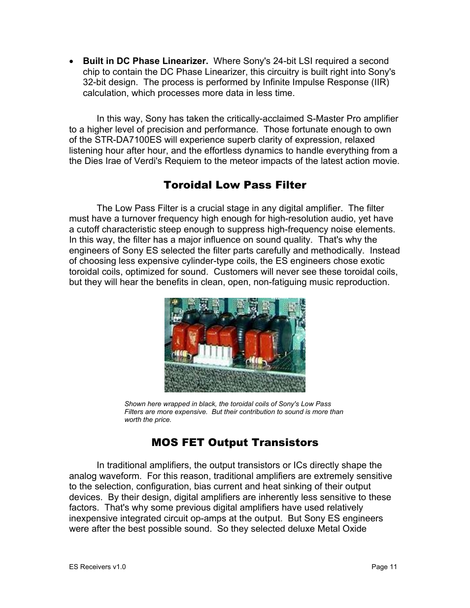 Toroidal low pass filter, Mos fet output transistors | Sony STR-DA9000ES User Manual | Page 11 / 38