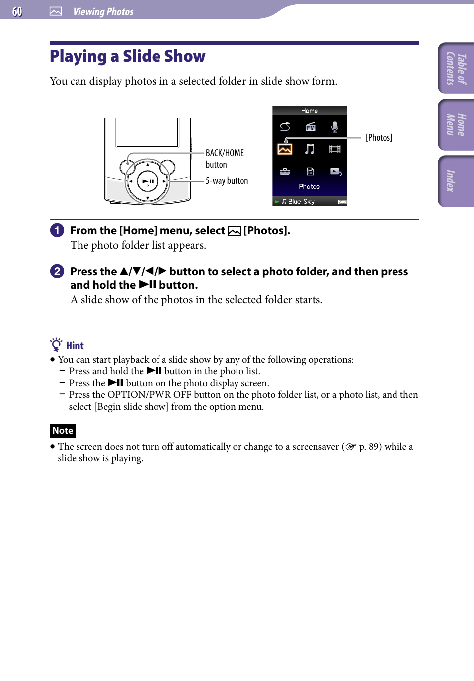 Playing a slide show | Sony NWZ-S544 User Manual | Page 60 / 134