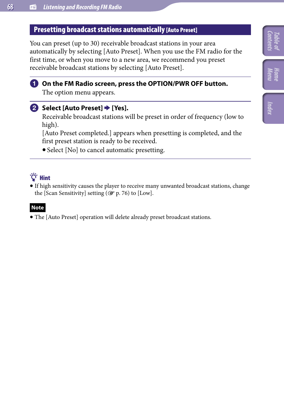 Presetting broadcast stations, Automatically, Auto preset | 68), o, Presetting broadcast stations automatically | Sony NWZ-S544 User Manual | Page 68 / 134