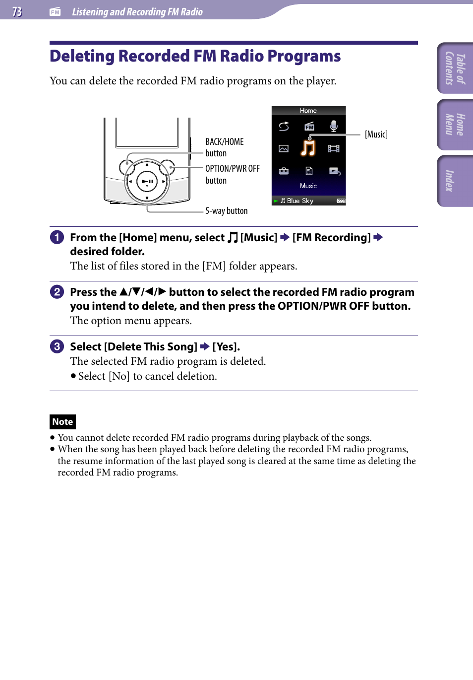 Deleting recorded fm radio programs, Deleting recorded fm radio, Programs | D “deleting recorded fm, Radio programs | Sony NWZ-S544 User Manual | Page 73 / 134