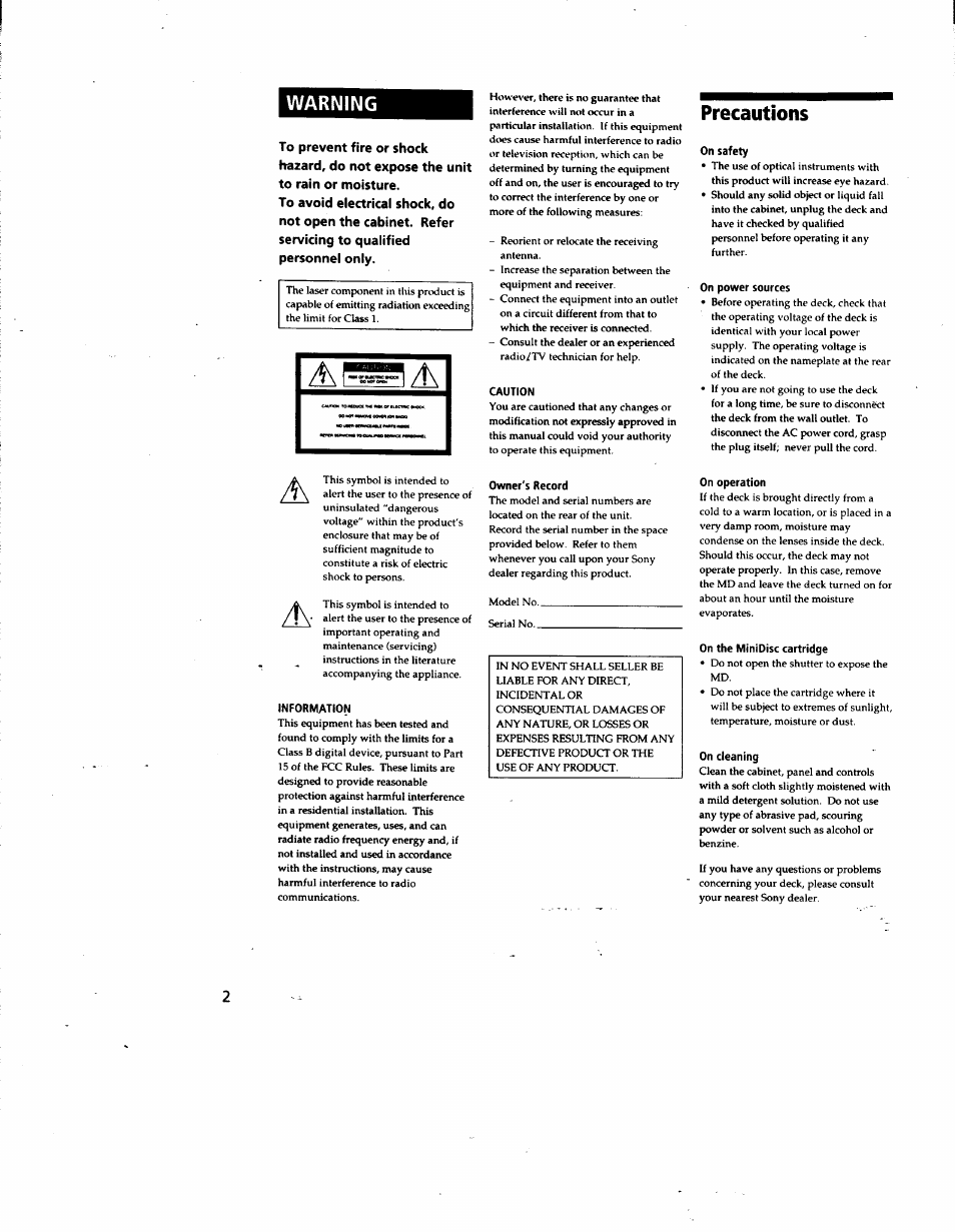Information, Caution, Owner's record | Precautions, On safety, On power sources, On operation, On the minidisc cartridge, On cleaning, Warning | Sony MDS-JE510 User Manual | Page 2 / 37
