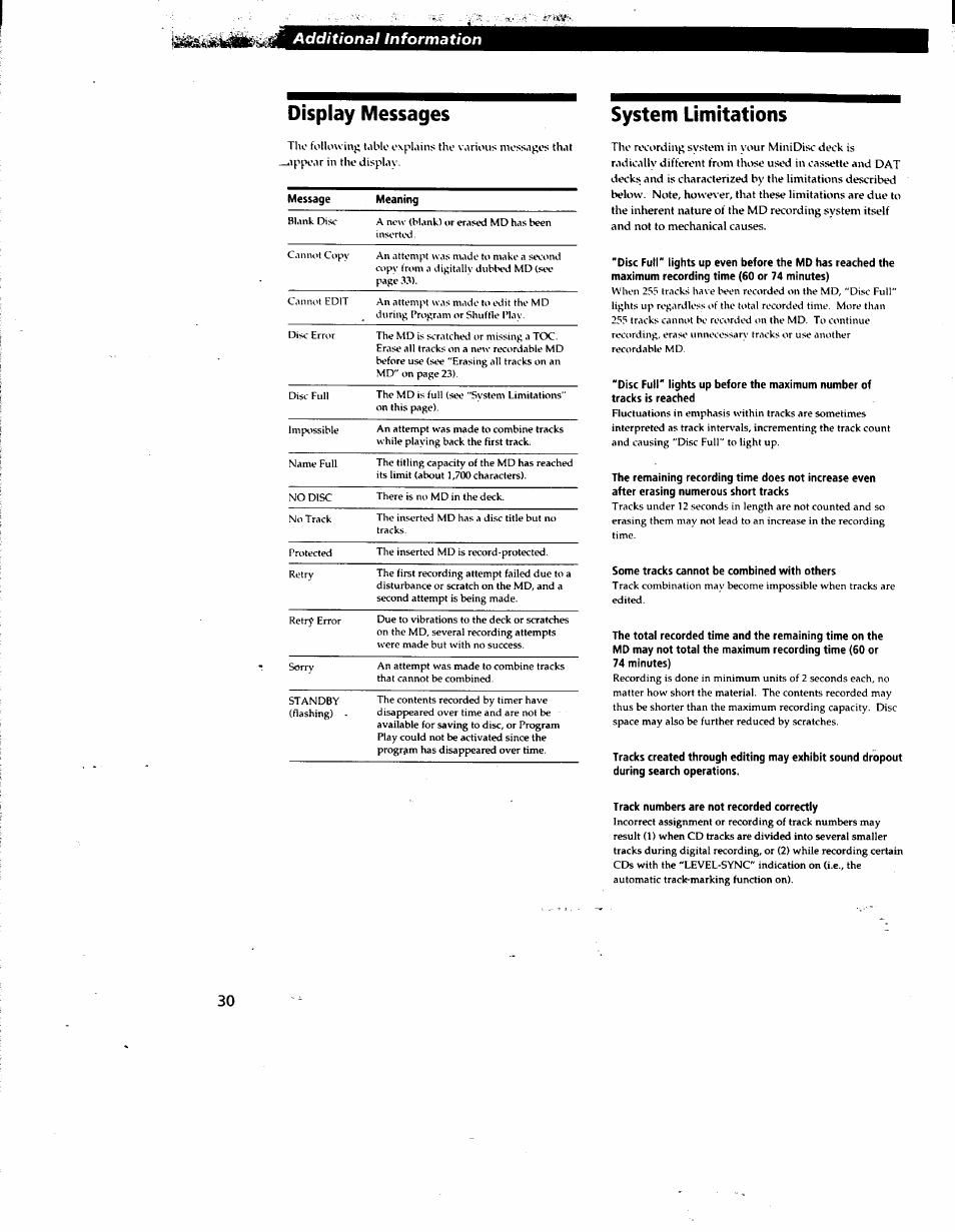 Display messages, System limitations, Display messages system limitations | Sony MDS-JE510 User Manual | Page 32 / 37