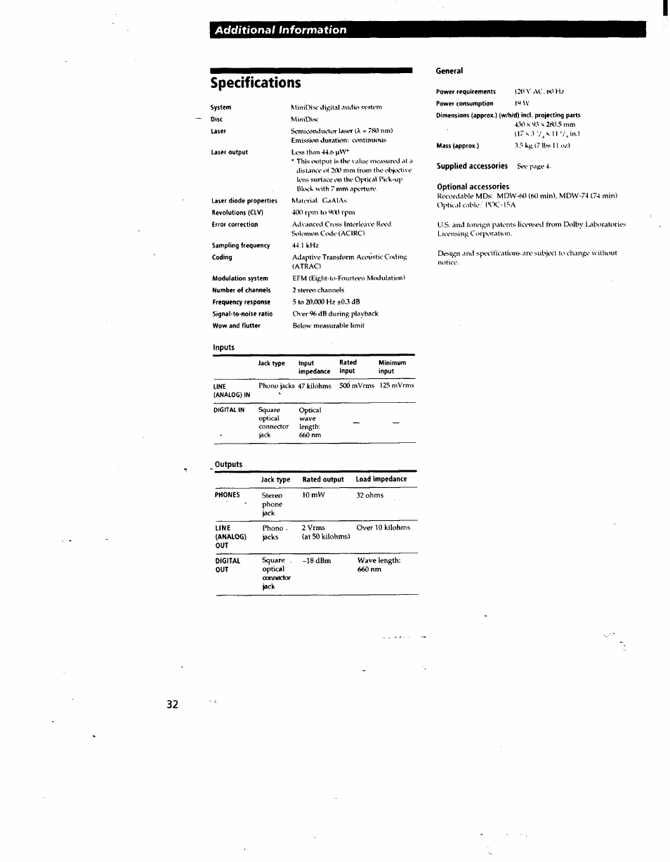 Specifications, General, Optional accessories | Inputs, Additional information | Sony MDS-JE510 User Manual | Page 34 / 37