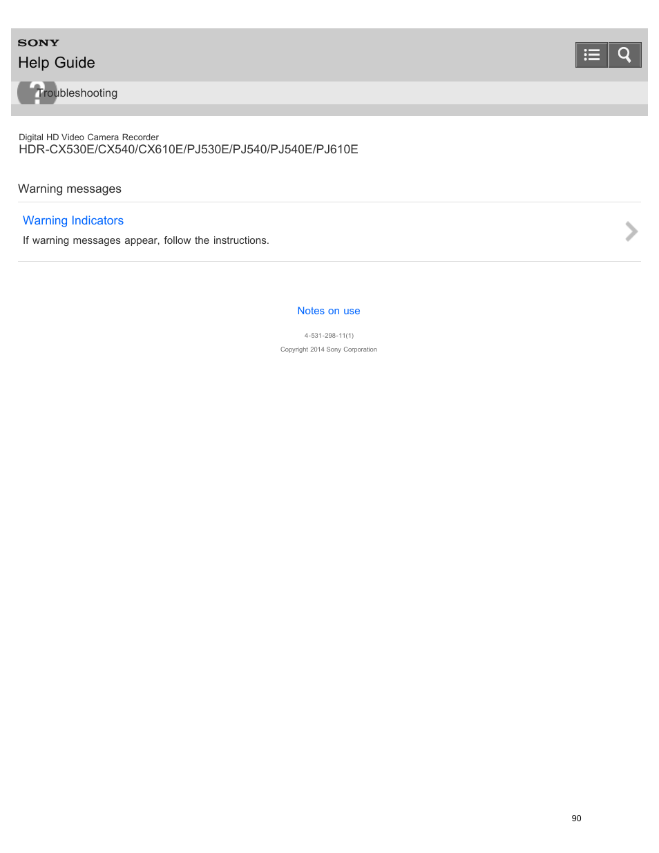 Warning messages, Help guide | Sony HDR-PJ540 User Manual | Page 101 / 394