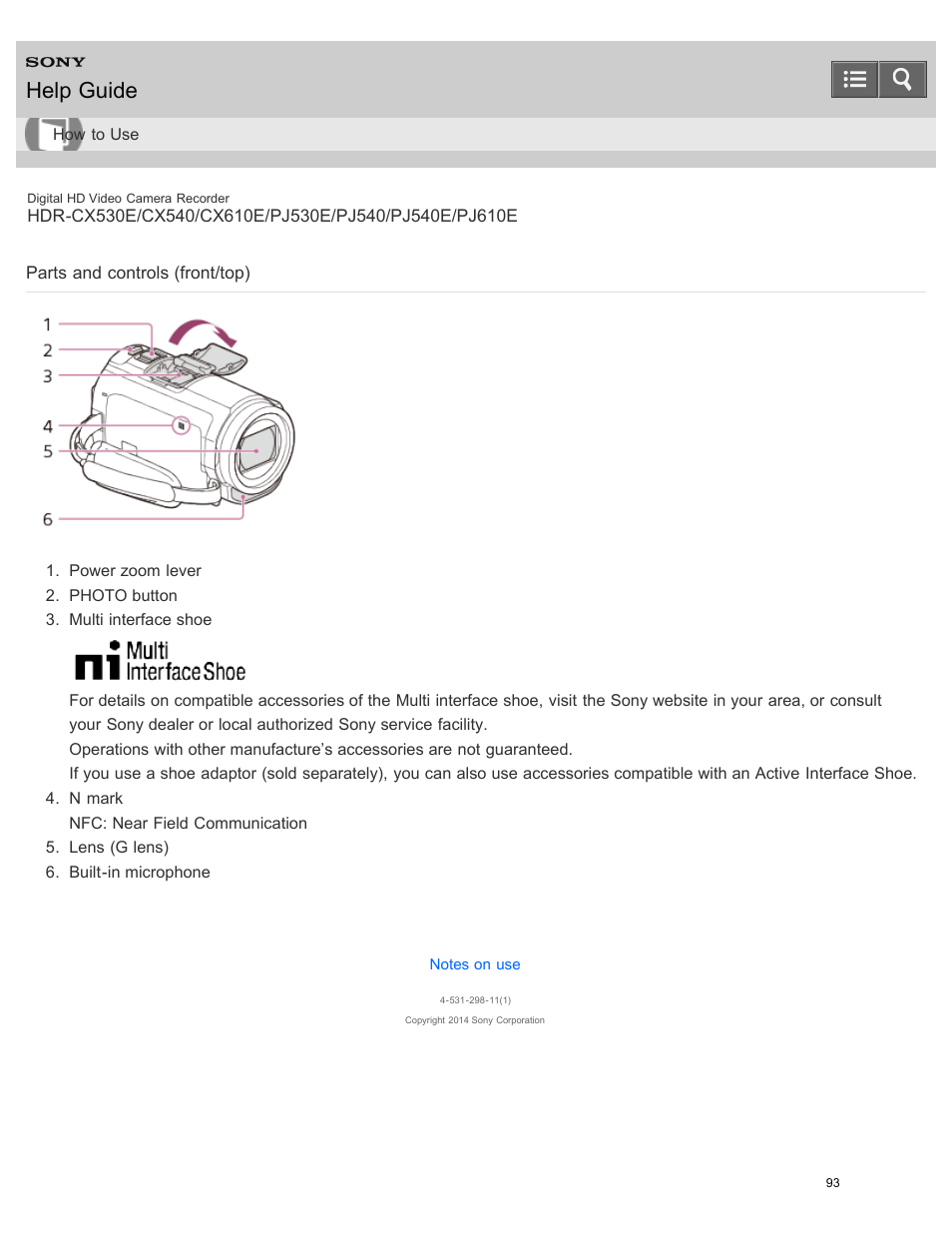 Parts and controls (front/top), Help guide | Sony HDR-PJ540 User Manual | Page 104 / 394