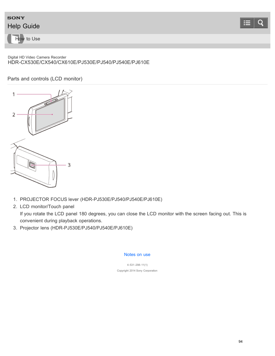 Parts and controls (lcd monitor), Explains the parts and controls on the lcd monitor, Help guide | Sony HDR-PJ540 User Manual | Page 105 / 394
