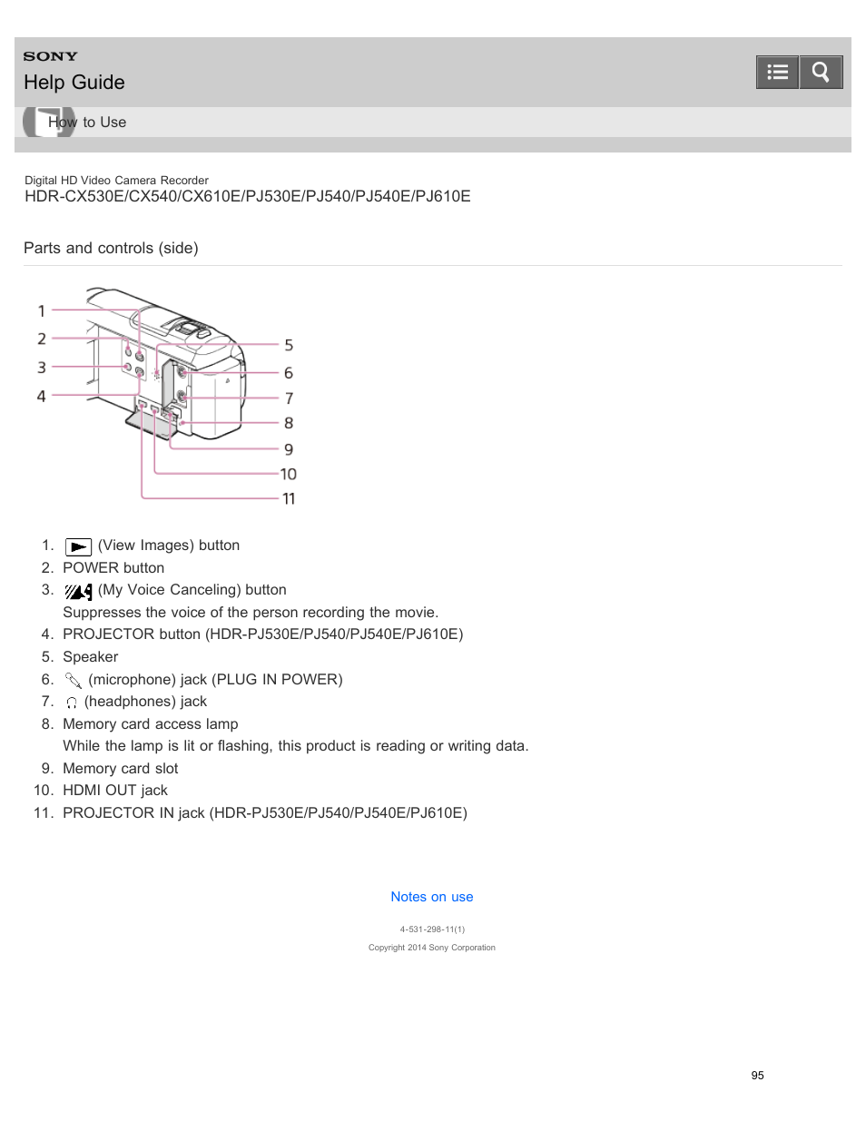Parts and controls (side), Help guide | Sony HDR-PJ540 User Manual | Page 106 / 394