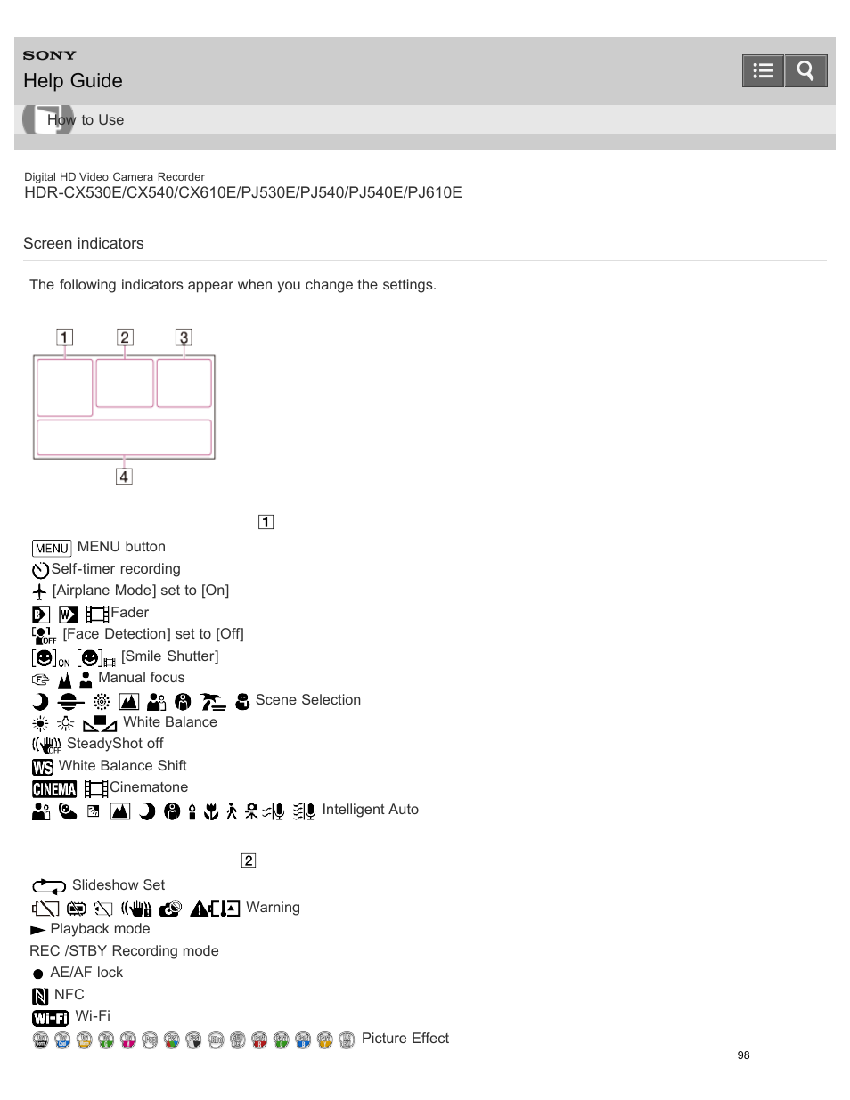 Screen indicators, Help guide | Sony HDR-PJ540 User Manual | Page 109 / 394
