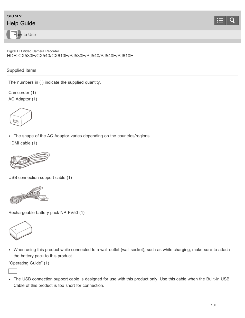 Supplied items, Help guide | Sony HDR-PJ540 User Manual | Page 111 / 394