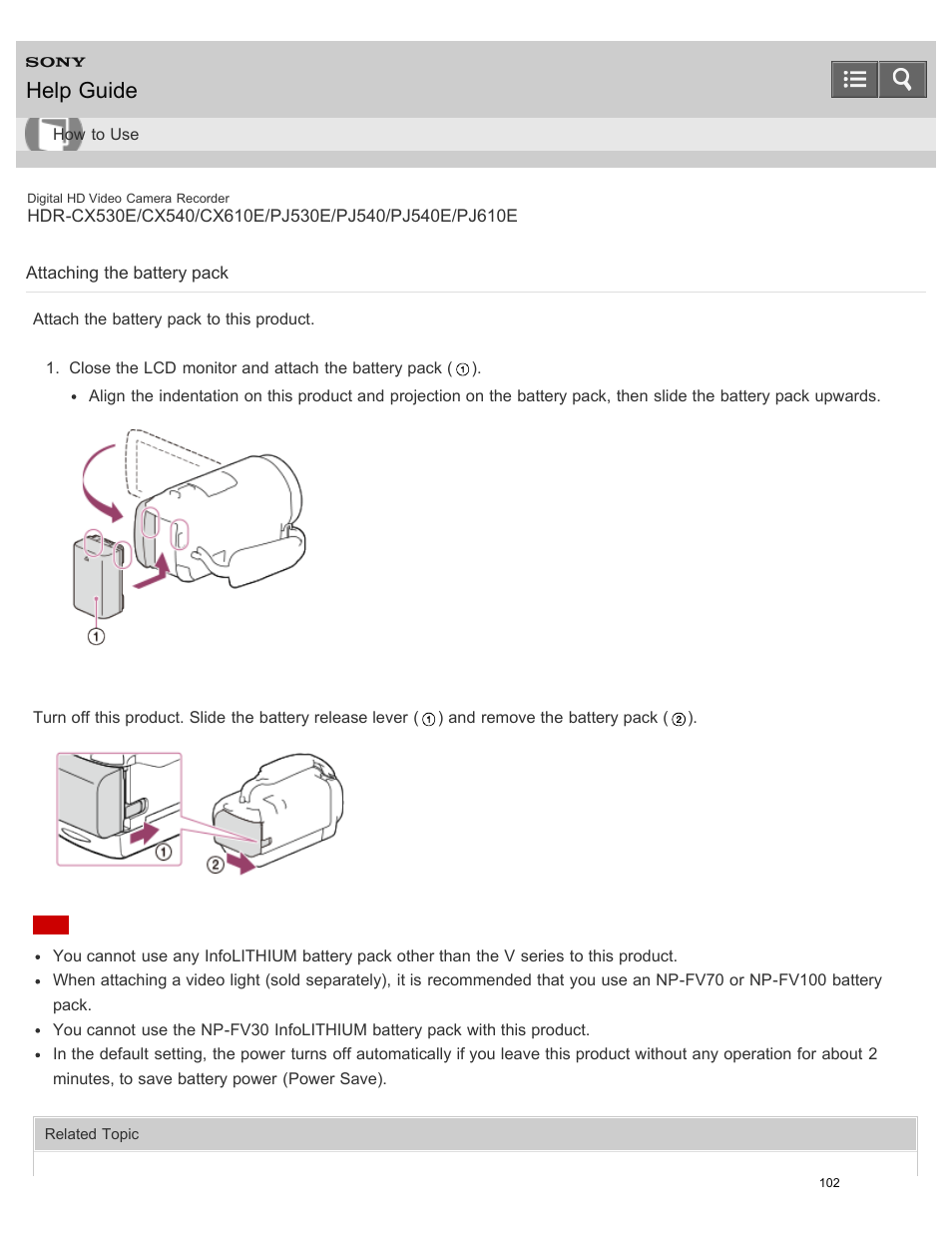 Attaching the battery pack, Attach the battery pack to this product, Help guide | Sony HDR-PJ540 User Manual | Page 113 / 394