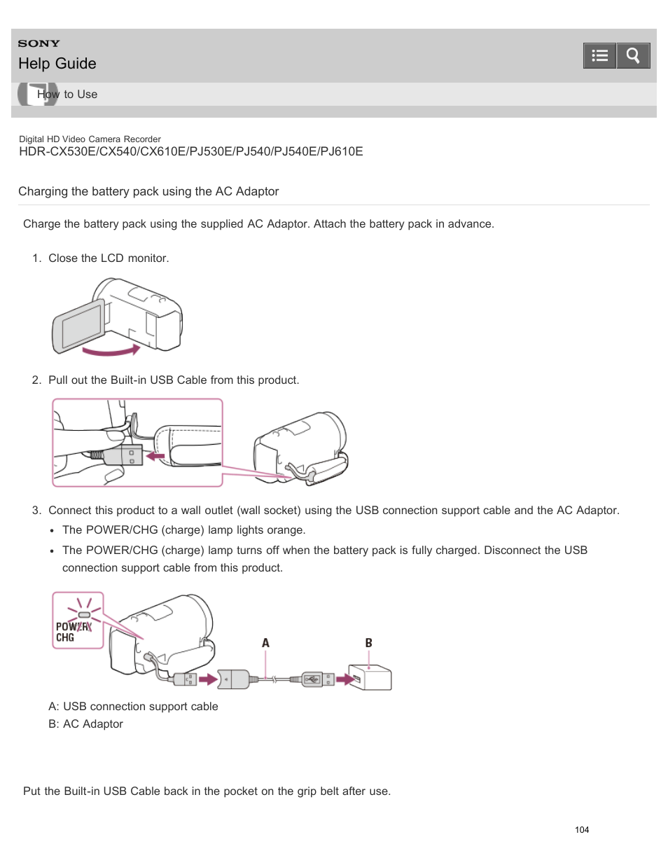 Charging the battery pack using the ac adaptor, Help guide | Sony HDR-PJ540 User Manual | Page 115 / 394