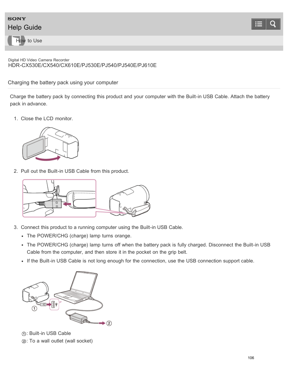 Charging the battery pack using your computer, Help guide | Sony HDR-PJ540 User Manual | Page 117 / 394