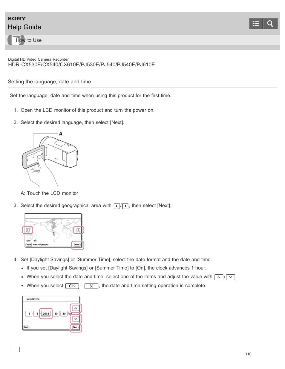 Setting the language, date and time, Help guide | Sony HDR-PJ540 User Manual | Page 121 / 394