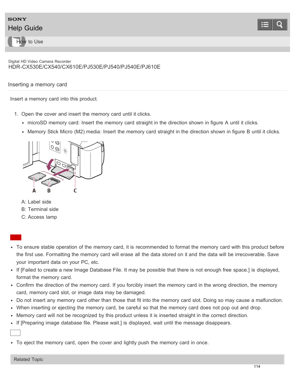 Inserting a memory card, Shows how to insert a memory card, Help guide | Sony HDR-PJ540 User Manual | Page 125 / 394