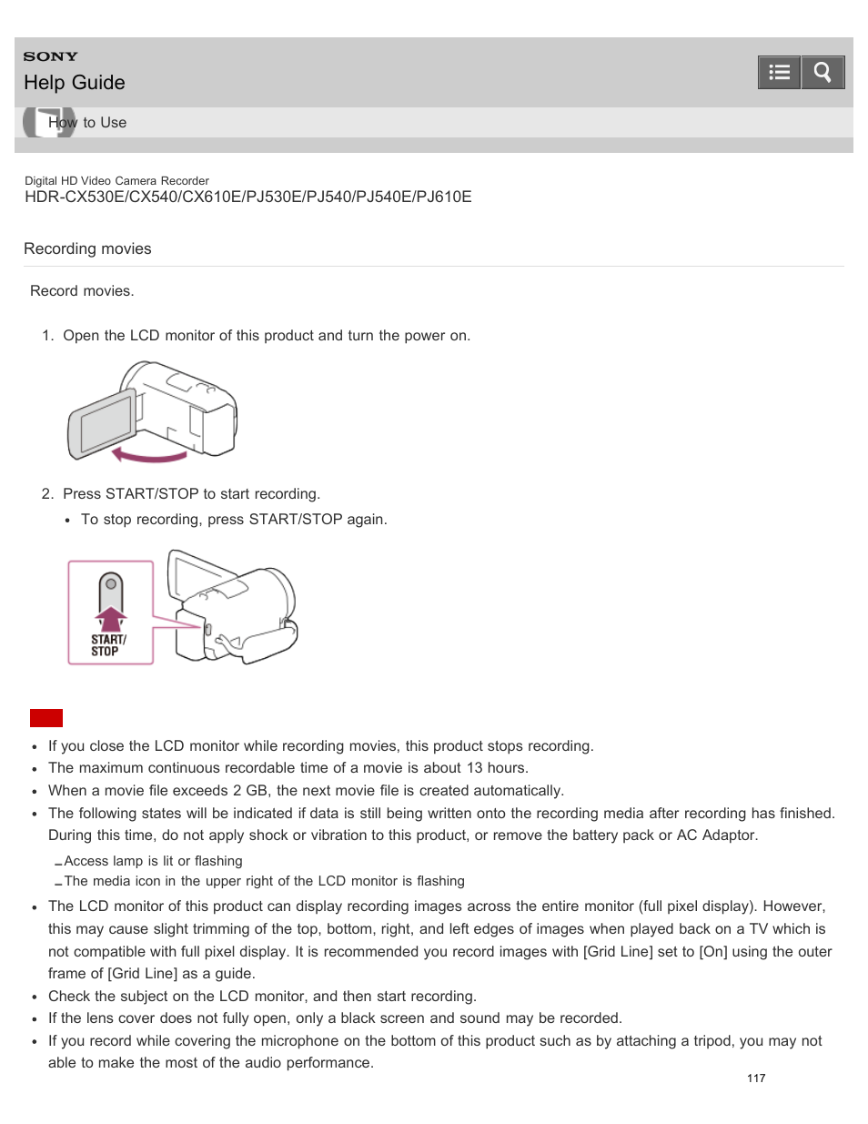 Recording movies, Record movies, Help guide | Sony HDR-PJ540 User Manual | Page 128 / 394