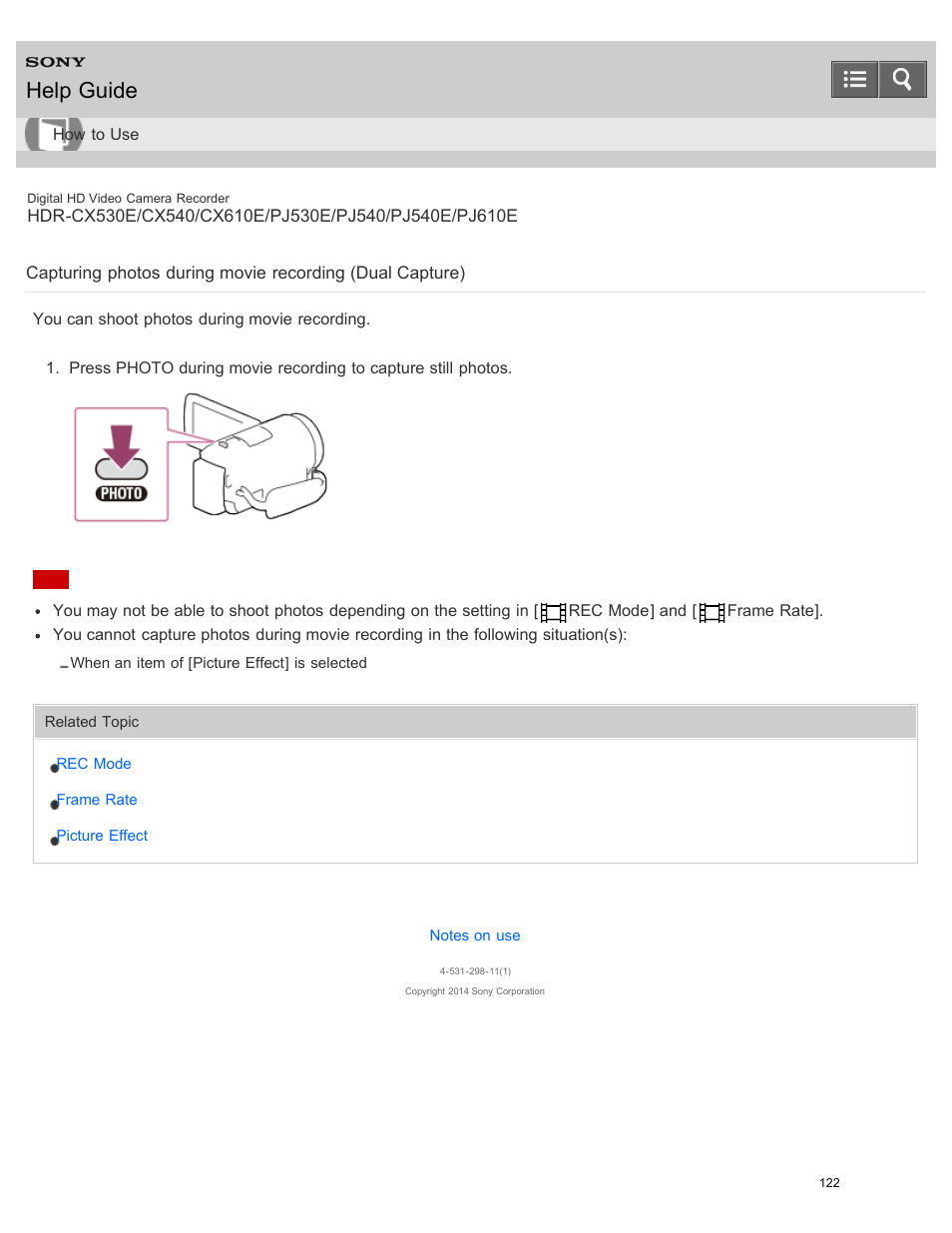 You can shoot photos during movie recording, Help guide | Sony HDR-PJ540 User Manual | Page 133 / 394