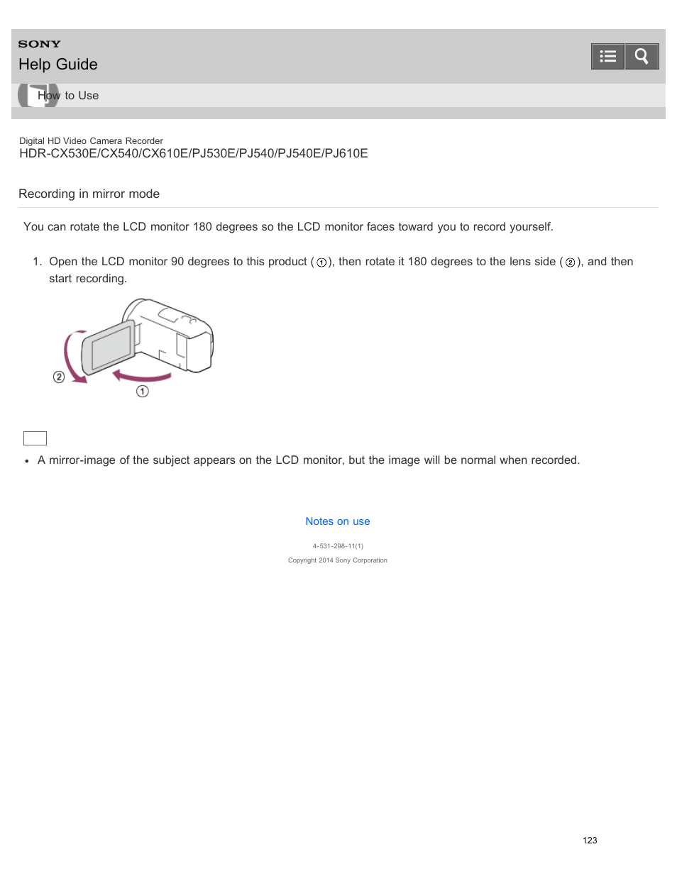 Recording in mirror mode, Help guide | Sony HDR-PJ540 User Manual | Page 134 / 394