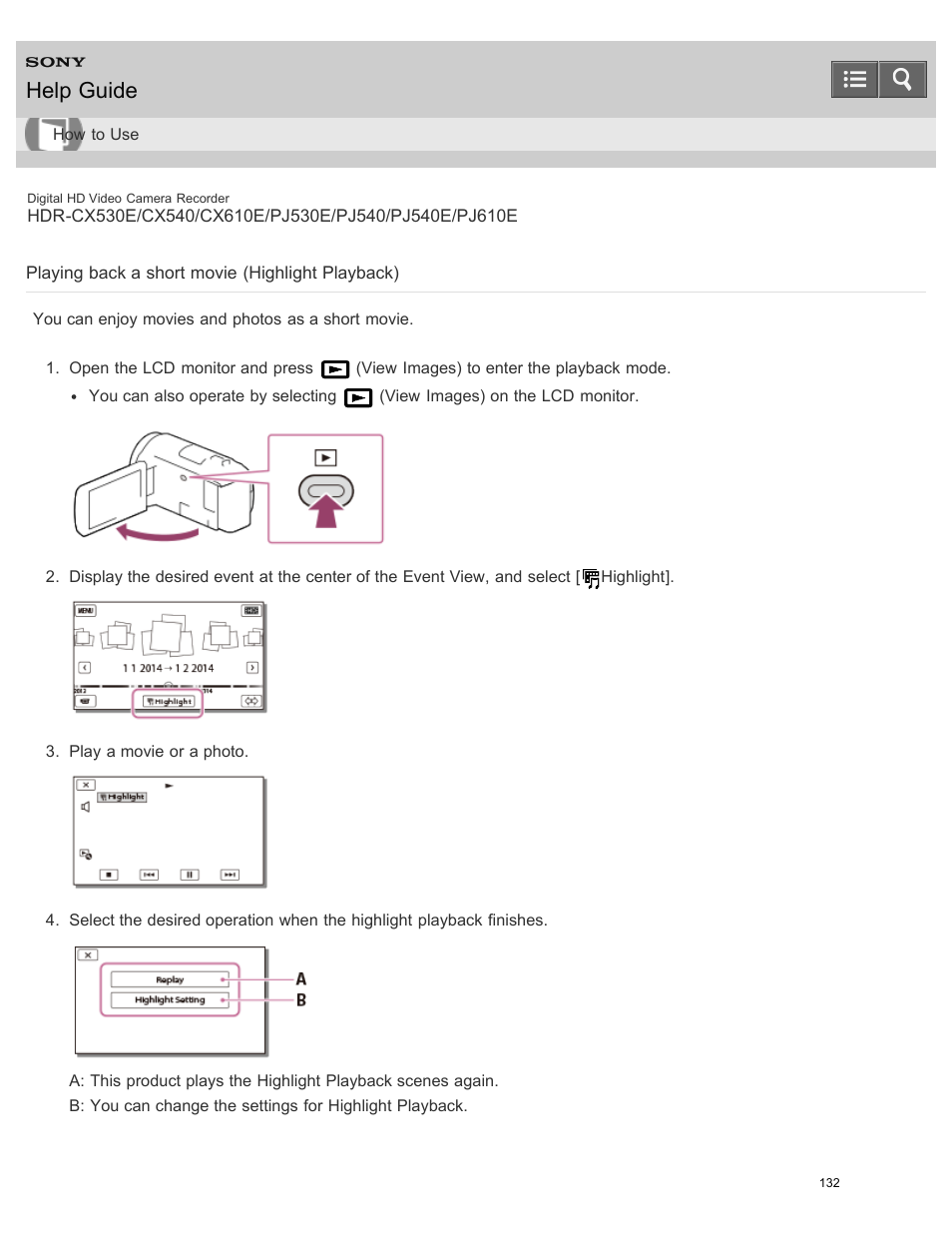 Playing back a short movie (highlight playback), Help guide | Sony HDR-PJ540 User Manual | Page 143 / 394
