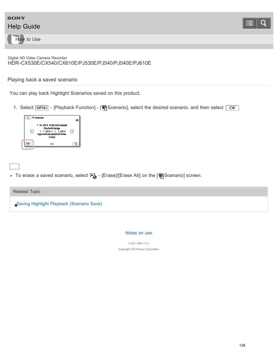 Playing back a saved scenario, Help guide | Sony HDR-PJ540 User Manual | Page 147 / 394