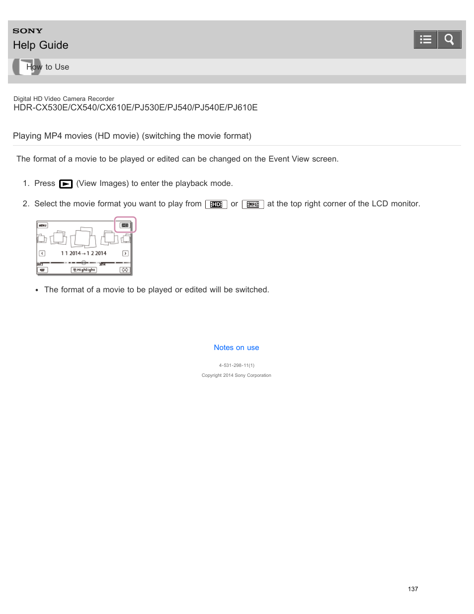 Help guide | Sony HDR-PJ540 User Manual | Page 148 / 394