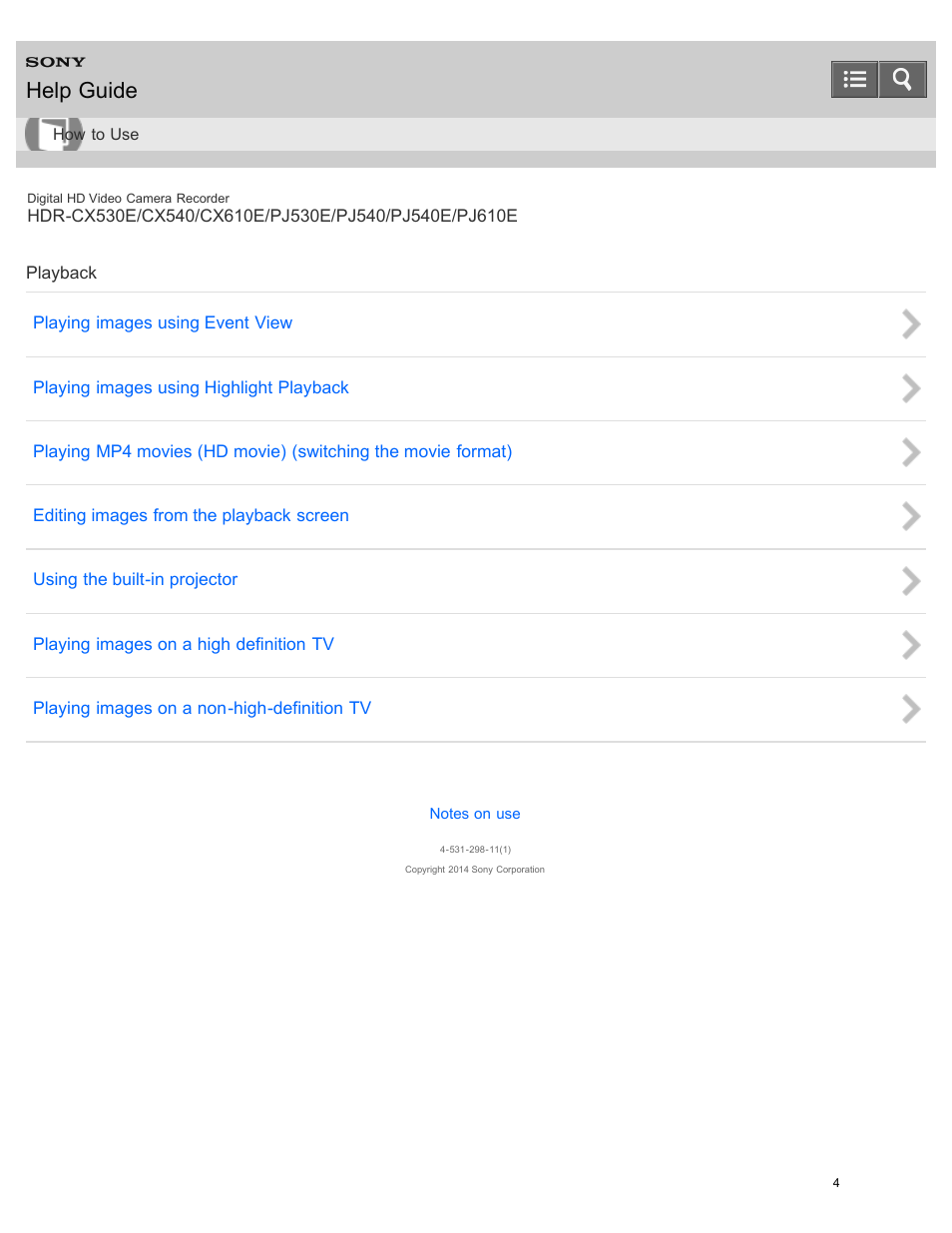 Playback, Help guide | Sony HDR-PJ540 User Manual | Page 15 / 394