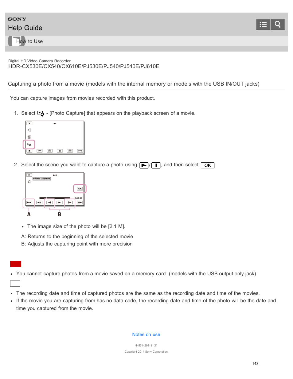 Models with the usb in/out jacks), Help guide | Sony HDR-PJ540 User Manual | Page 154 / 394