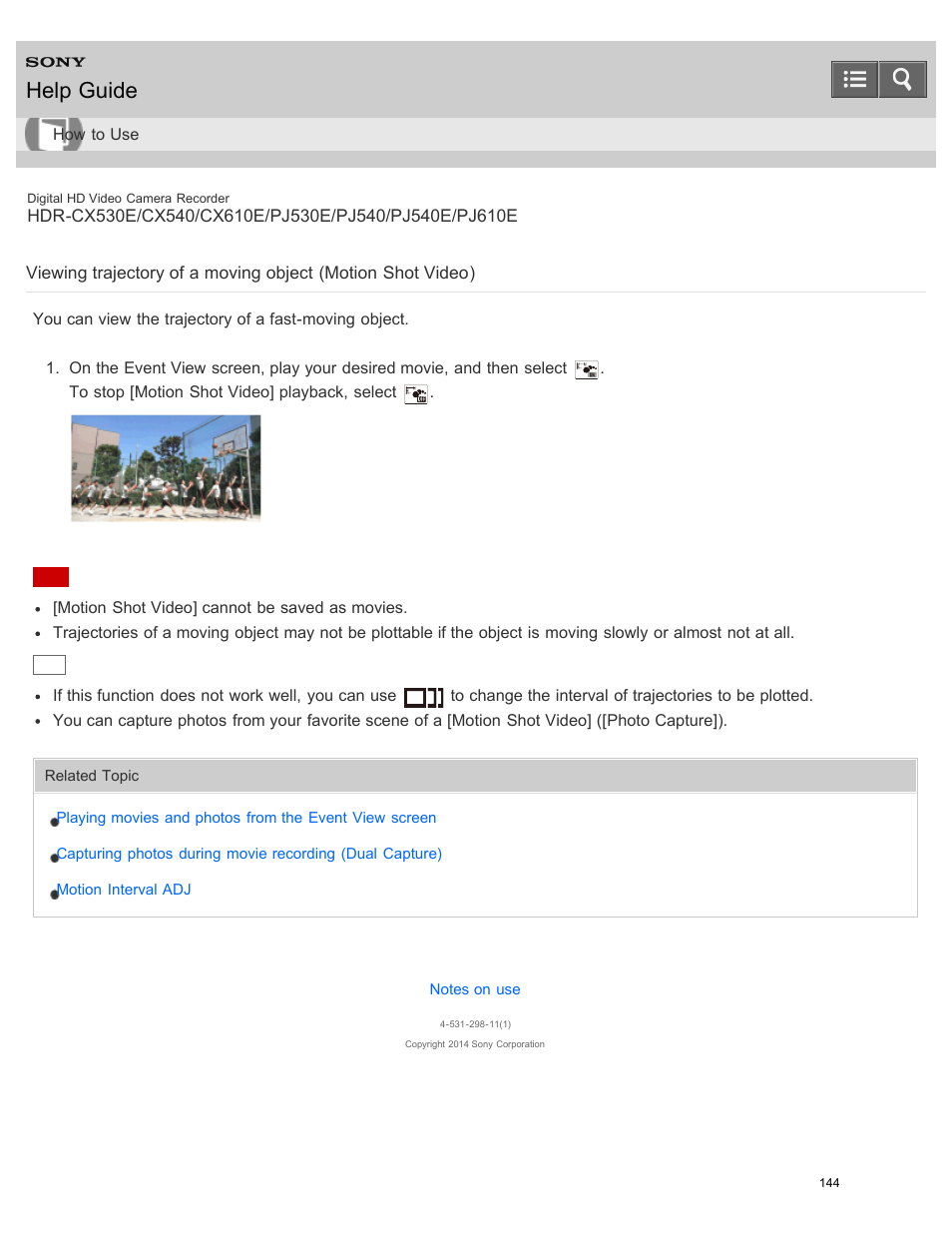 Viewing trajectory of a moving object, Help guide | Sony HDR-PJ540 User Manual | Page 155 / 394