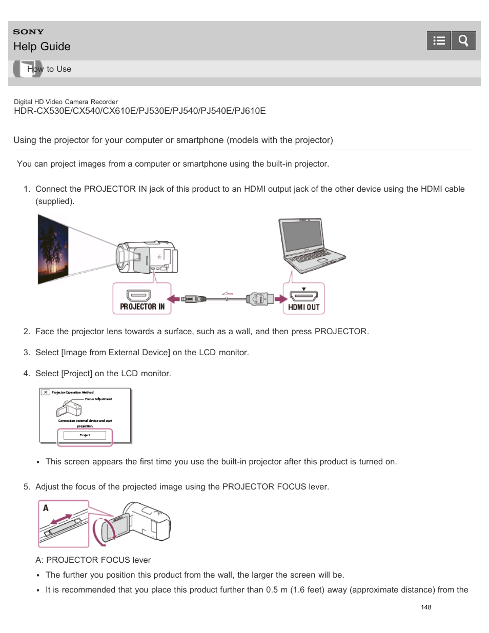 Projector), Help guide | Sony HDR-PJ540 User Manual | Page 159 / 394