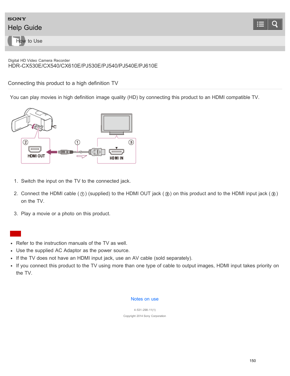 Connecting this product to a high definition tv, Help guide | Sony HDR-PJ540 User Manual | Page 161 / 394
