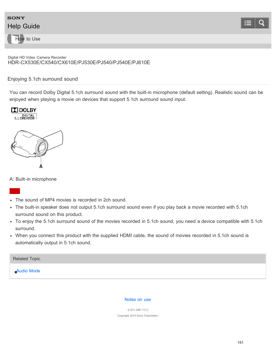 Enjoying 5.1ch surround sound, Help guide | Sony HDR-PJ540 User Manual | Page 162 / 394