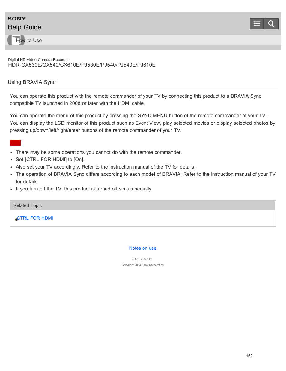 Using bravia sync, Help guide | Sony HDR-PJ540 User Manual | Page 163 / 394