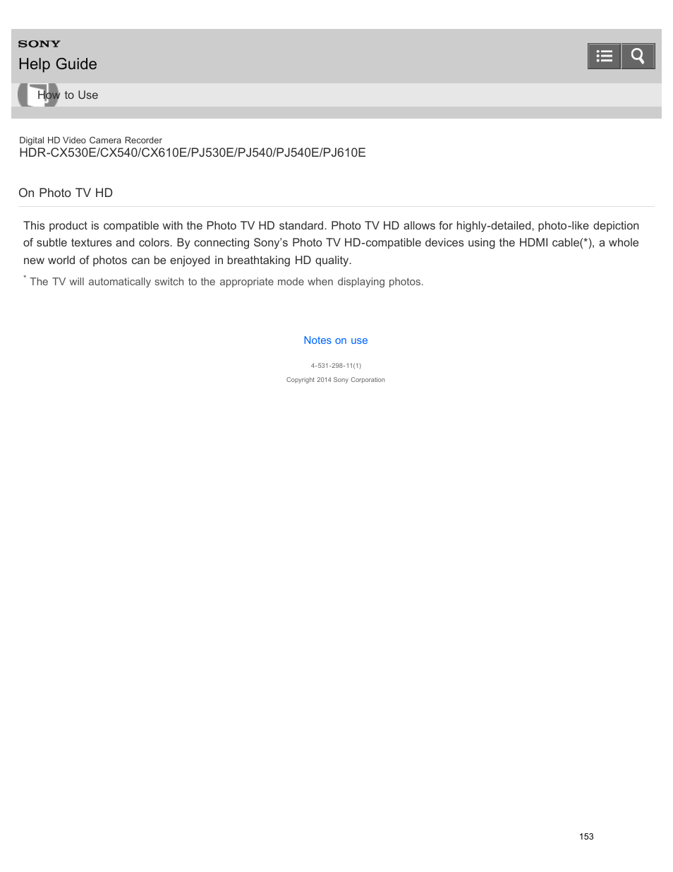 On photo tv hd, Explains photo tv hd, Help guide | Sony HDR-PJ540 User Manual | Page 164 / 394
