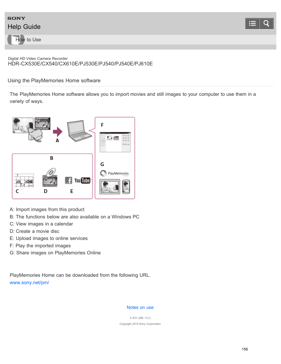 Using the playmemories home software, Help guide | Sony HDR-PJ540 User Manual | Page 167 / 394