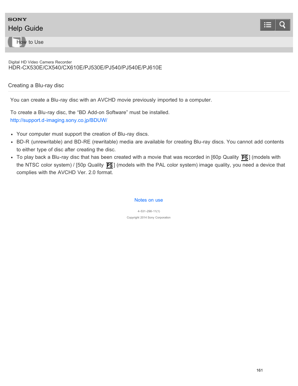 Creating a blu-ray disc, Help guide | Sony HDR-PJ540 User Manual | Page 172 / 394