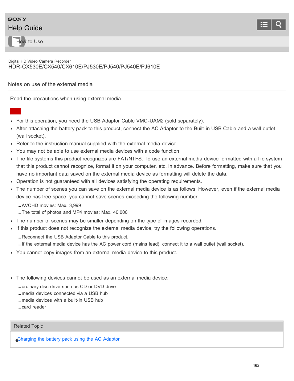 Notes on use of the external media, Read the precautions when using the external media, Help guide | Sony HDR-PJ540 User Manual | Page 173 / 394