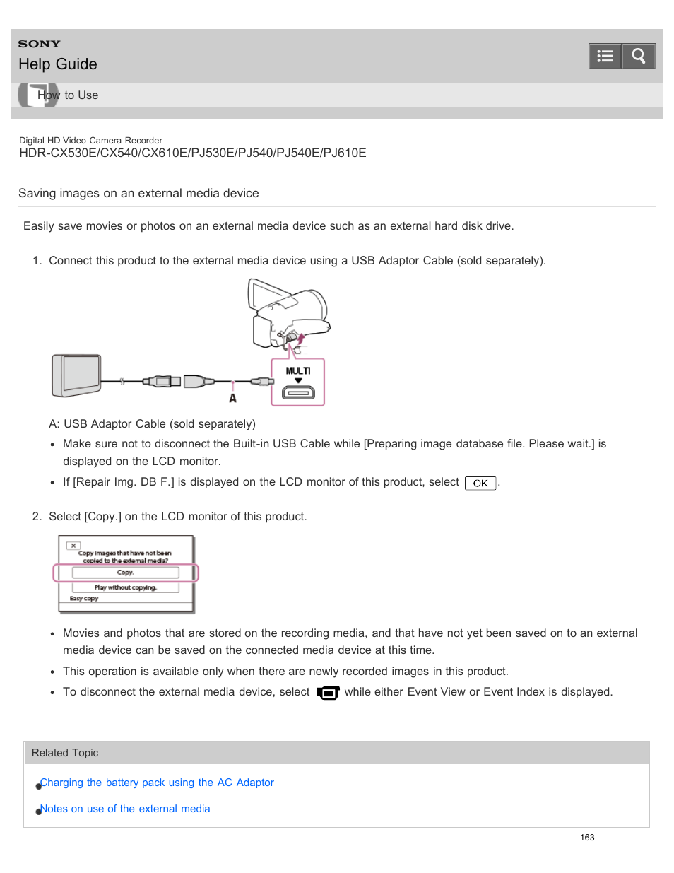 Saving images on an external media device, Help guide | Sony HDR-PJ540 User Manual | Page 174 / 394
