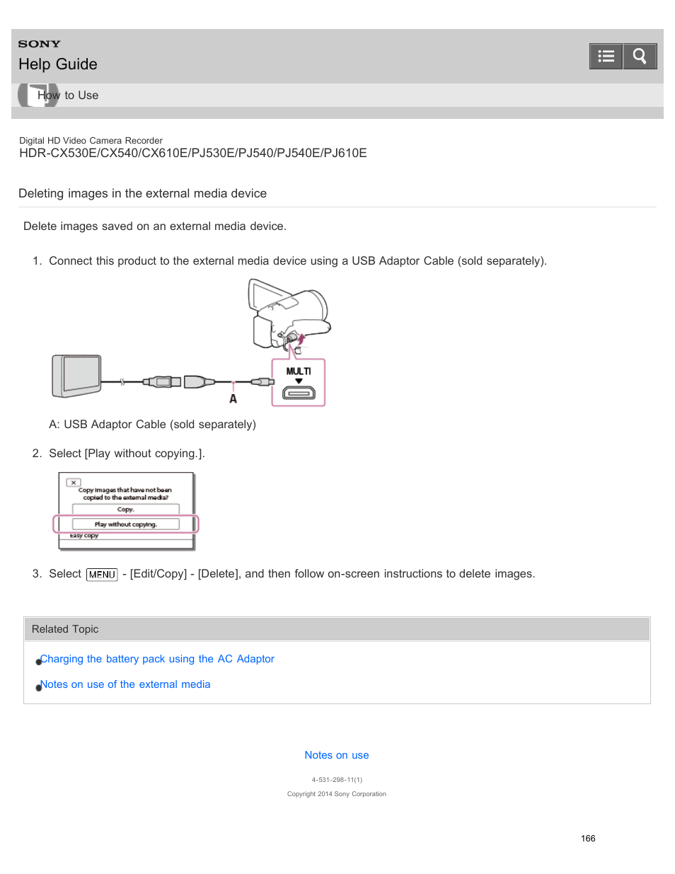 Deleting images in the external media device, Delete images saved on an external media device, Help guide | Sony HDR-PJ540 User Manual | Page 177 / 394