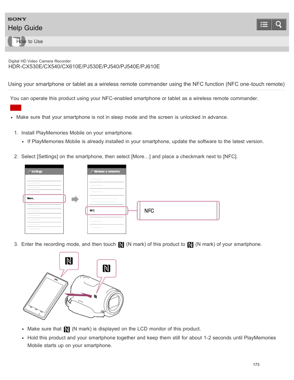Using the nfc function (nfc one-touch remote), Help guide | Sony HDR-PJ540 User Manual | Page 184 / 394
