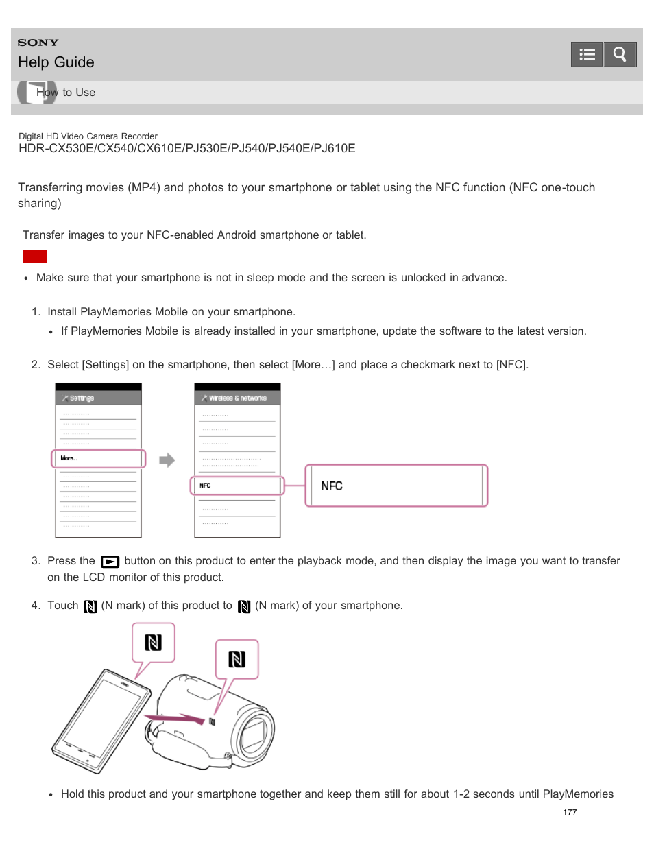 Using the nfc function (nfc one-touch sharing), Help guide | Sony HDR-PJ540 User Manual | Page 188 / 394