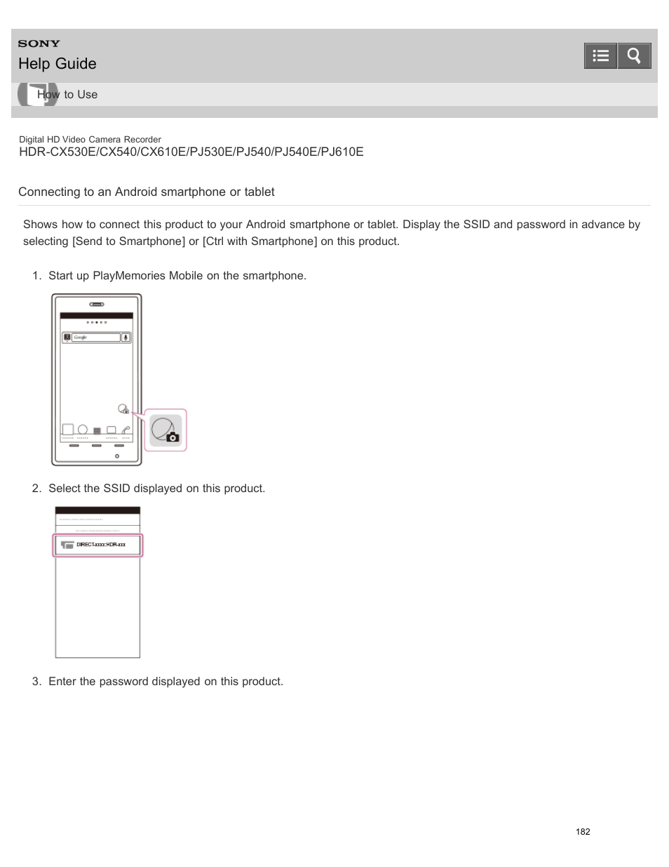 Connecting to an android smartphone or tablet, Help guide | Sony HDR-PJ540 User Manual | Page 193 / 394