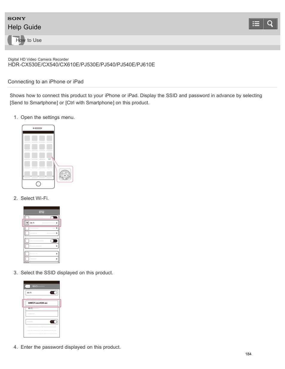 Connecting to an iphone or ipad, Help guide | Sony HDR-PJ540 User Manual | Page 195 / 394