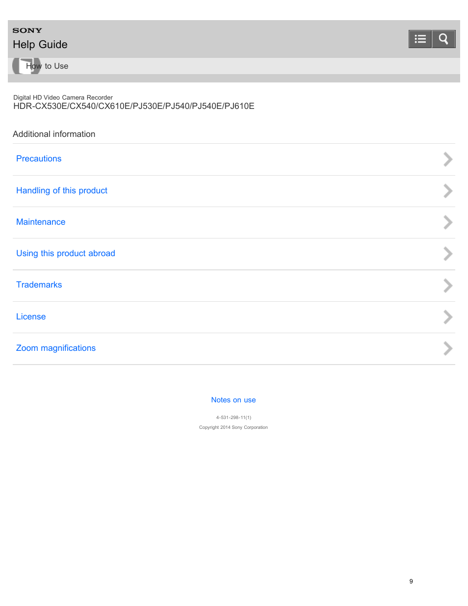 Additional information, Help guide | Sony HDR-PJ540 User Manual | Page 20 / 394