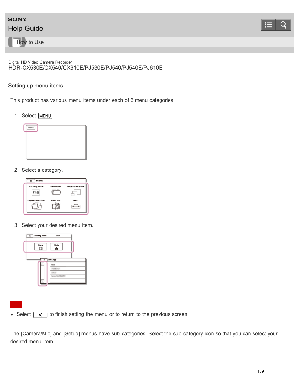 Setting up menu items, Shows how to set the menu items, Help guide | Sony HDR-PJ540 User Manual | Page 200 / 394