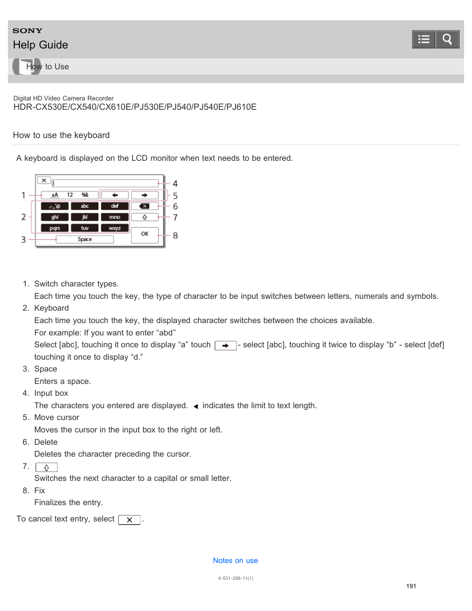 How to use the keyboard, Explains how to use the keyboard to be displayed, Help guide | Sony HDR-PJ540 User Manual | Page 202 / 394