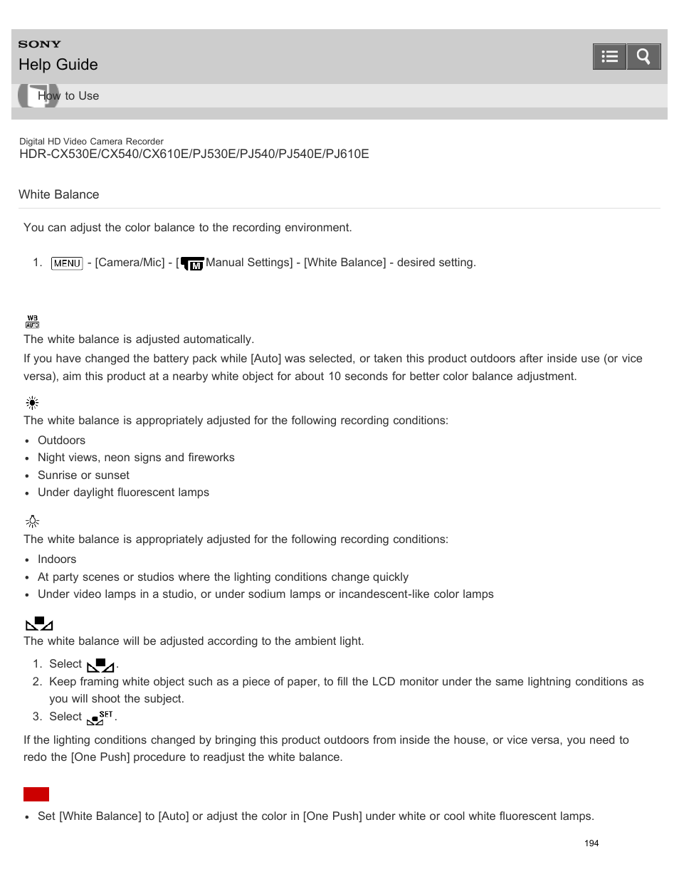 White balance, Help guide | Sony HDR-PJ540 User Manual | Page 205 / 394
