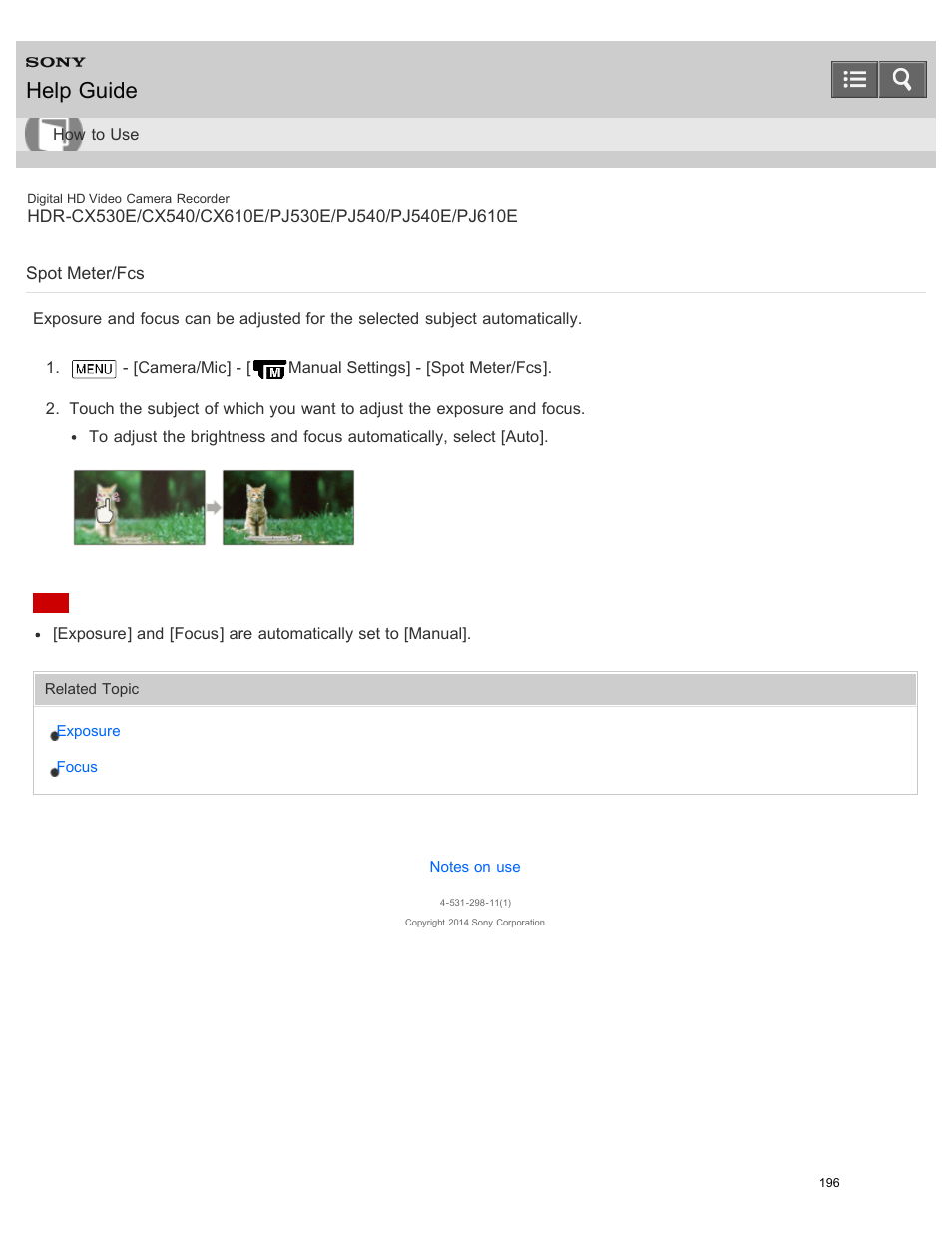Spot meter/fcs, Help guide | Sony HDR-PJ540 User Manual | Page 207 / 394